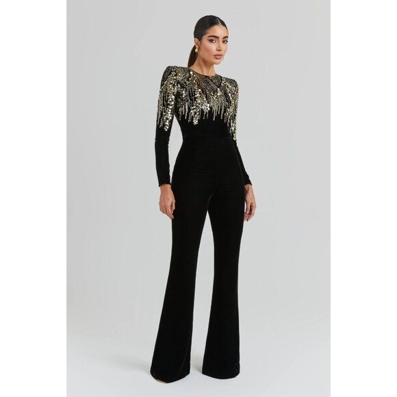 Nadine Merabi Katarina Black Gold Sequin Jumpsuit S/M NWT $545 - Picture 3 of 13